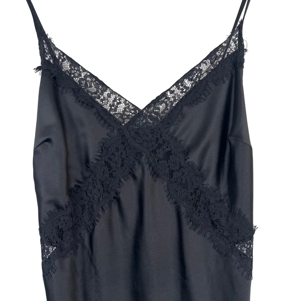 Lulus Black Satin Lace Trim Midi Slip Dress Feminine Adjustable Straps Womens M